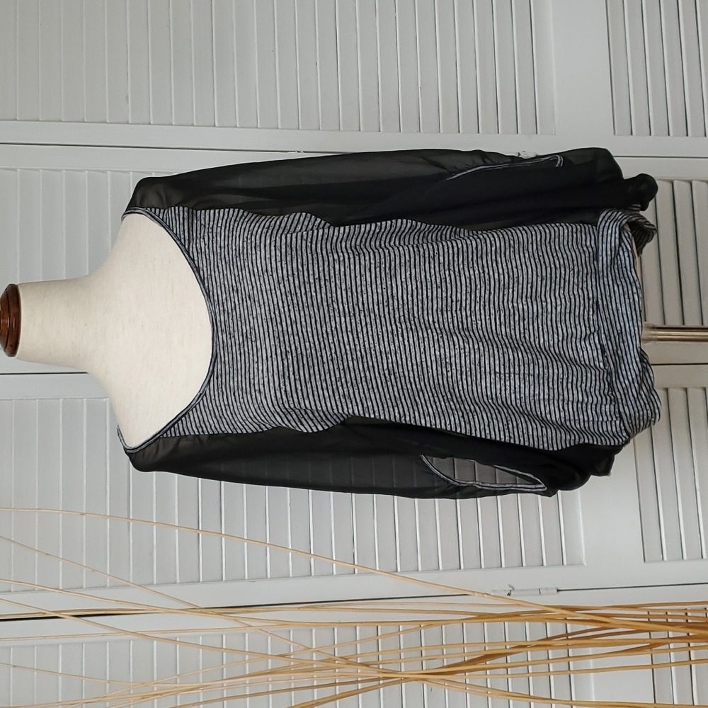 B'leev Pullover Black and Grey Pinstripe Top with Sheer Sides Size M